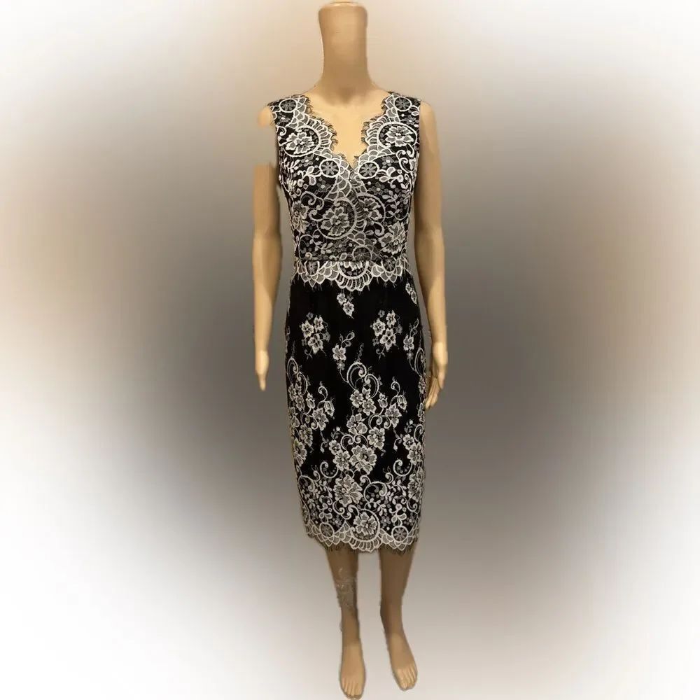 Erin Fetherston Blk Wht Sleeveless Floral Lace Cocktail V-Neck Dress Sz 4